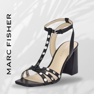 NWT Marc Fisher Quilon Black Silver Studded T-Strap Block Heel Sandal 9.5